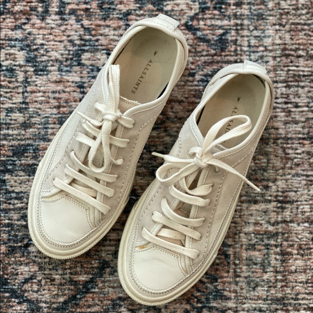 New AllSaints Milla Ivory Canvas Platform Sneakers, Size 7